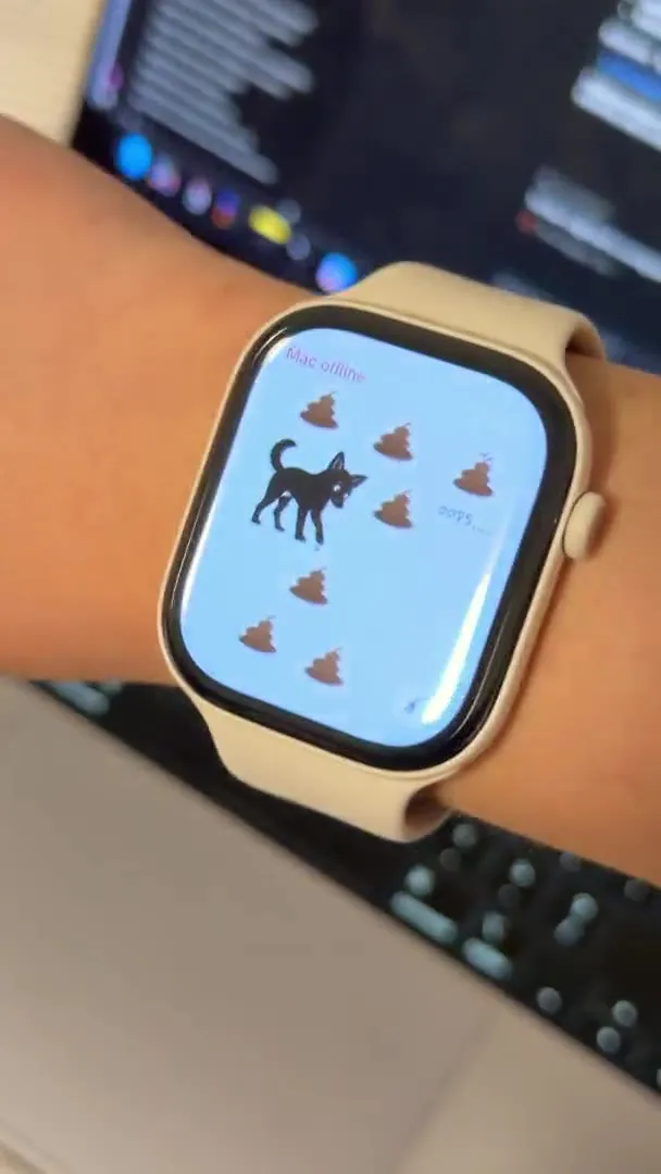 AgentWatch on a real wrist: the black dog and its mess, with “Mac offline” at the top