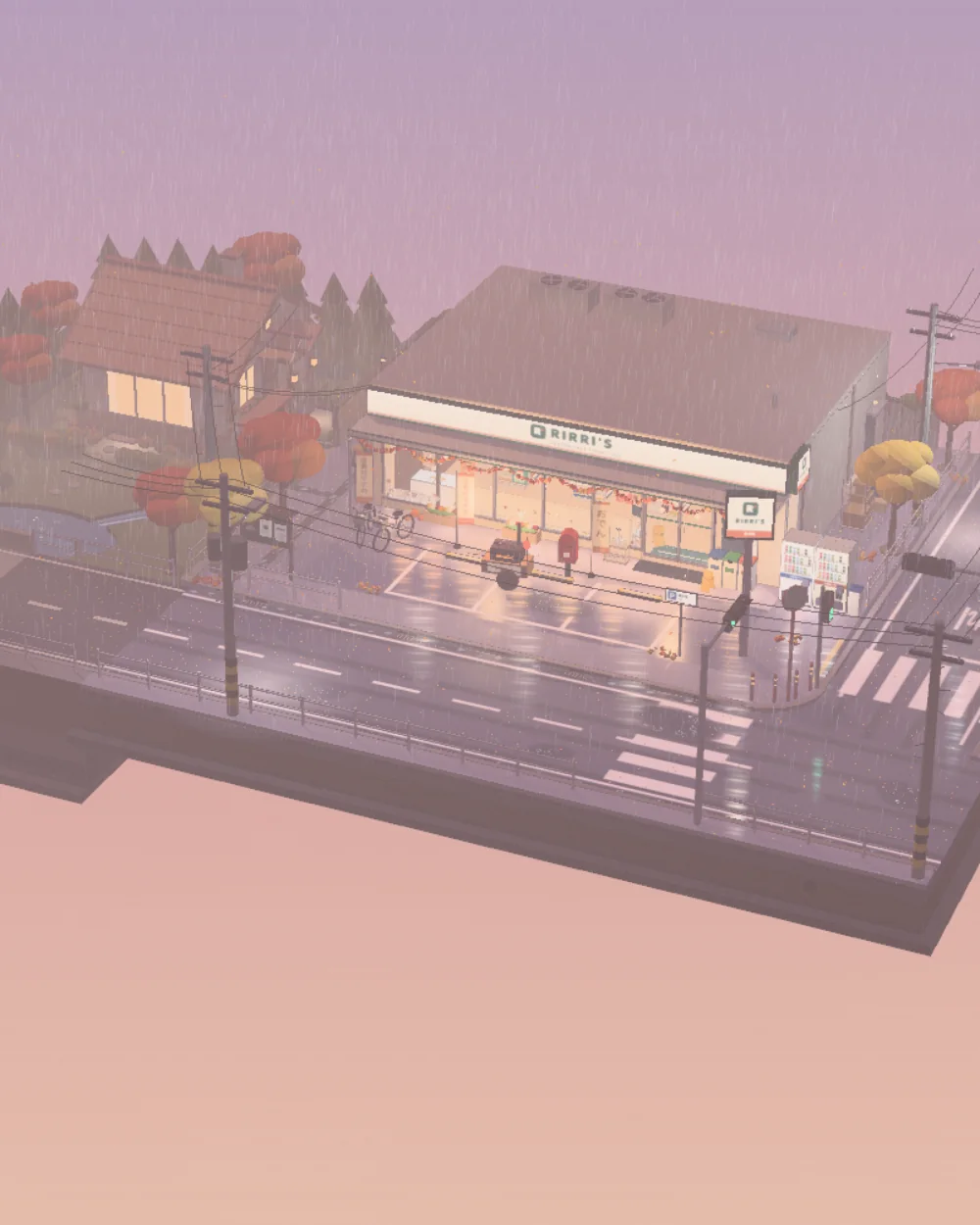 RIRRI’S at dusk in the rain: the konbini and the study house next door